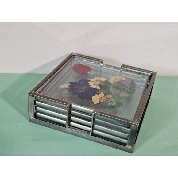 Pressed Flower Glass Drink Coast Set With Holder - Picture 3 of 7